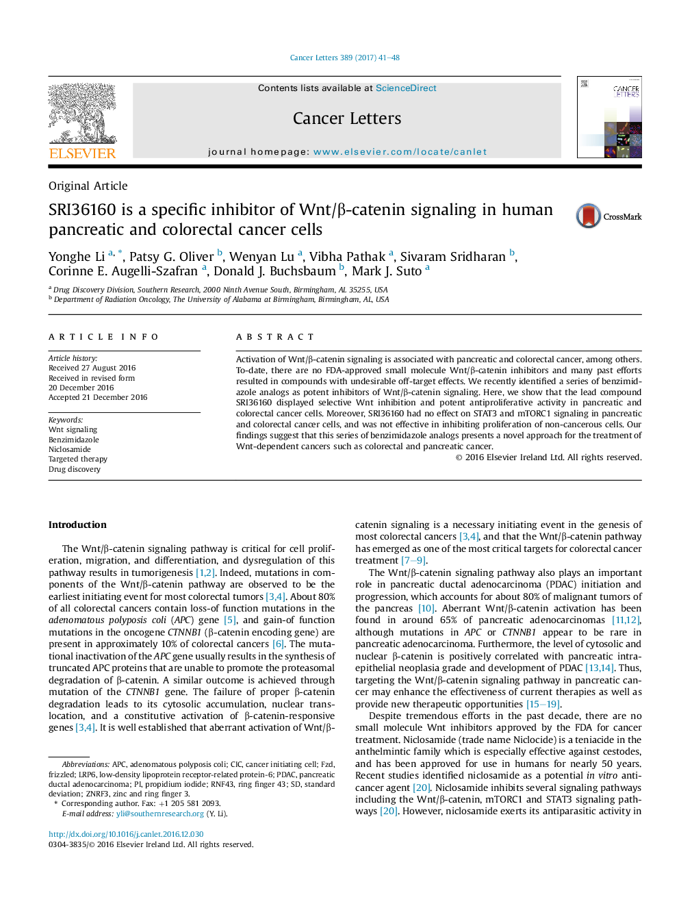 Original ArticleSRI36160 is a specific inhibitor of Wnt/Î²-catenin signaling in human pancreatic and colorectal cancer cells