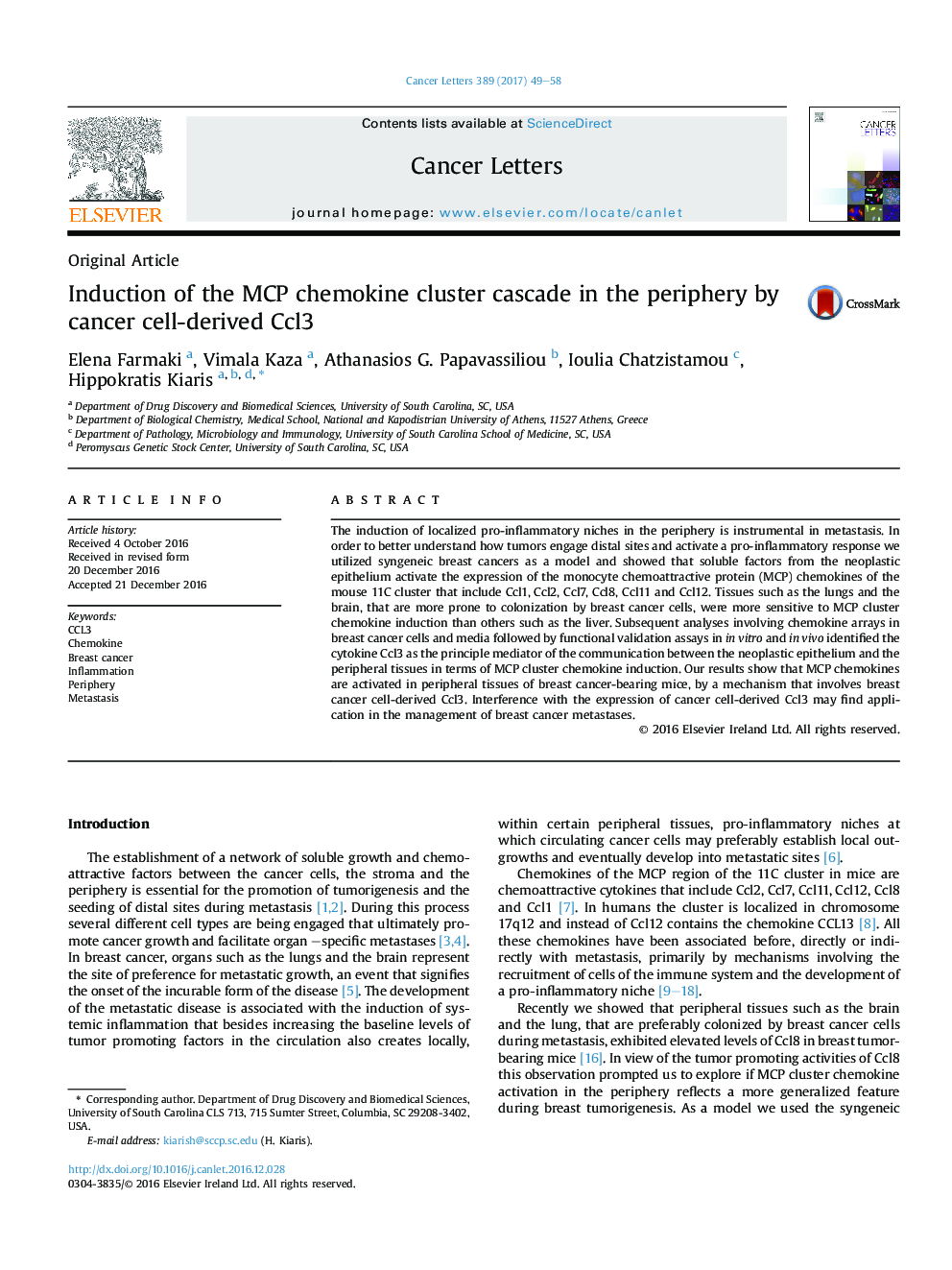 Original ArticleInduction of the MCP chemokine cluster cascade in the periphery by cancer cell-derived Ccl3