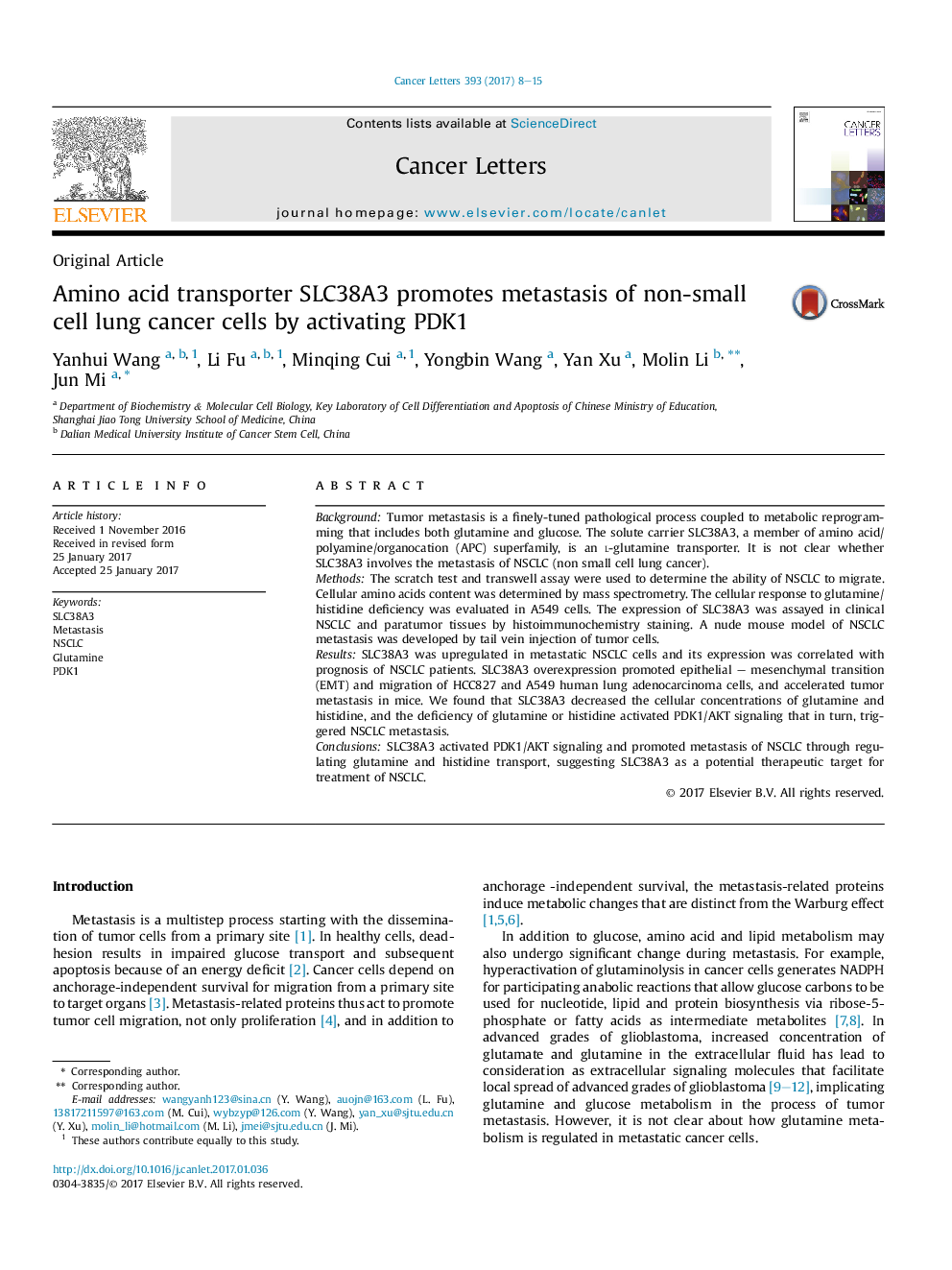 Amino acid transporter SLC38A3 promotes metastasis of non-small cell lung cancer cells by activating PDK1