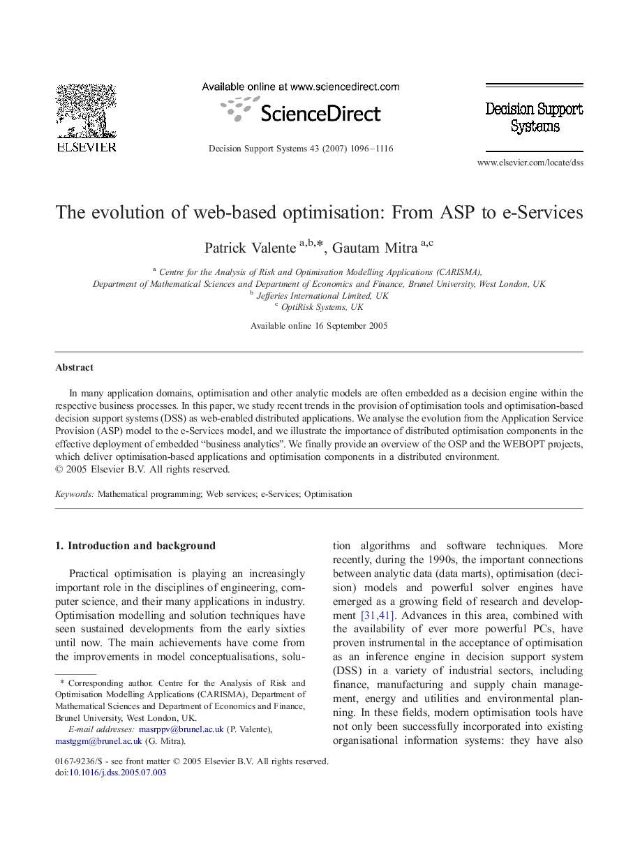 عکس صفحه اول مقاله: The evolution of web-based optimisation: From ASP to e-Services The evolution of web-based optimisation: From ASP to e-Services
