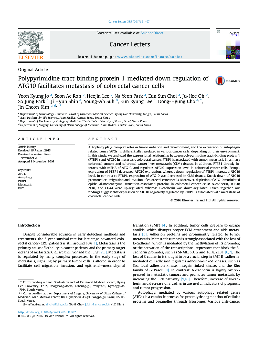 Original ArticlePolypyrimidine tract-binding protein 1-mediated down-regulation of ATG10 facilitates metastasis of colorectal cancer cells