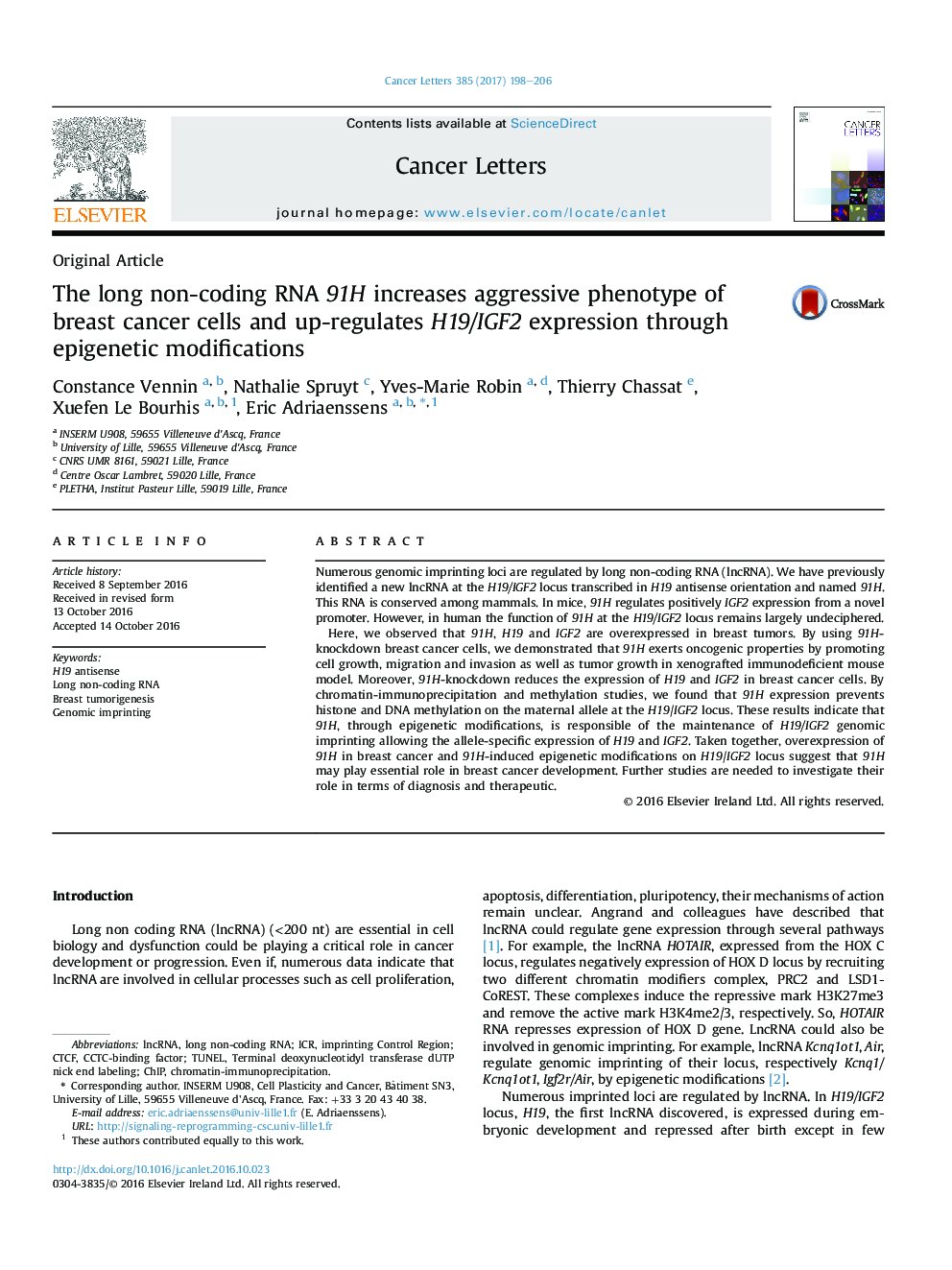 Original ArticleThe long non-coding RNA 91H increases aggressive phenotype of breast cancer cells and up-regulates H19/IGF2 expression through epigenetic modifications