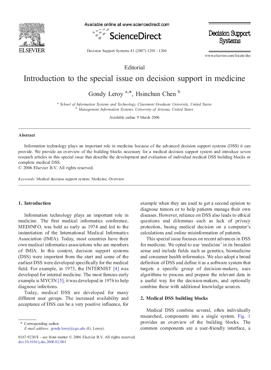عکس صفحه اول مقاله: Introduction to the special issue on decision support in medicine Introduction to the special issue on decision support in medicine