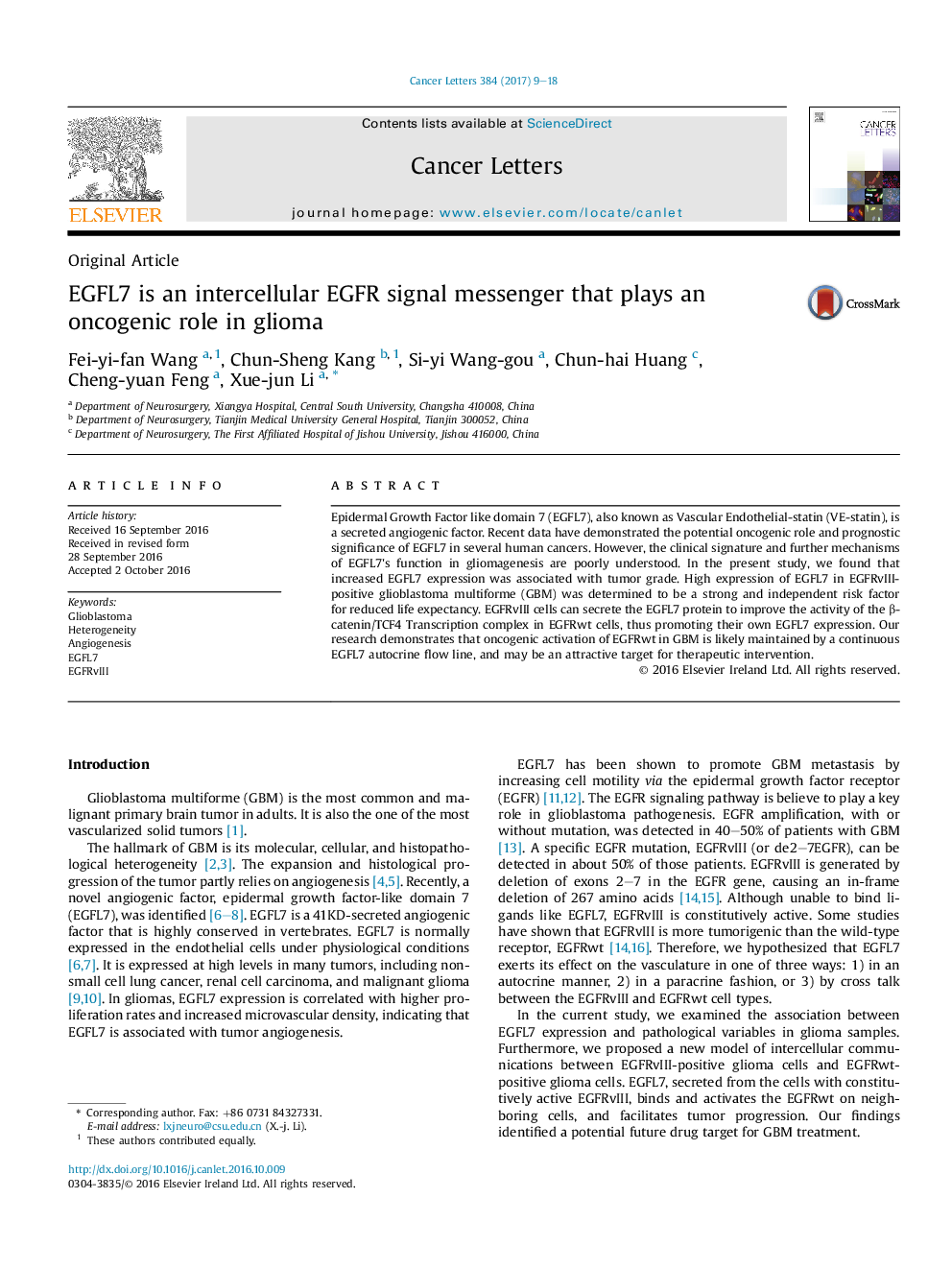 Original ArticleEGFL7 is an intercellular EGFR signal messenger that plays an oncogenic role in glioma