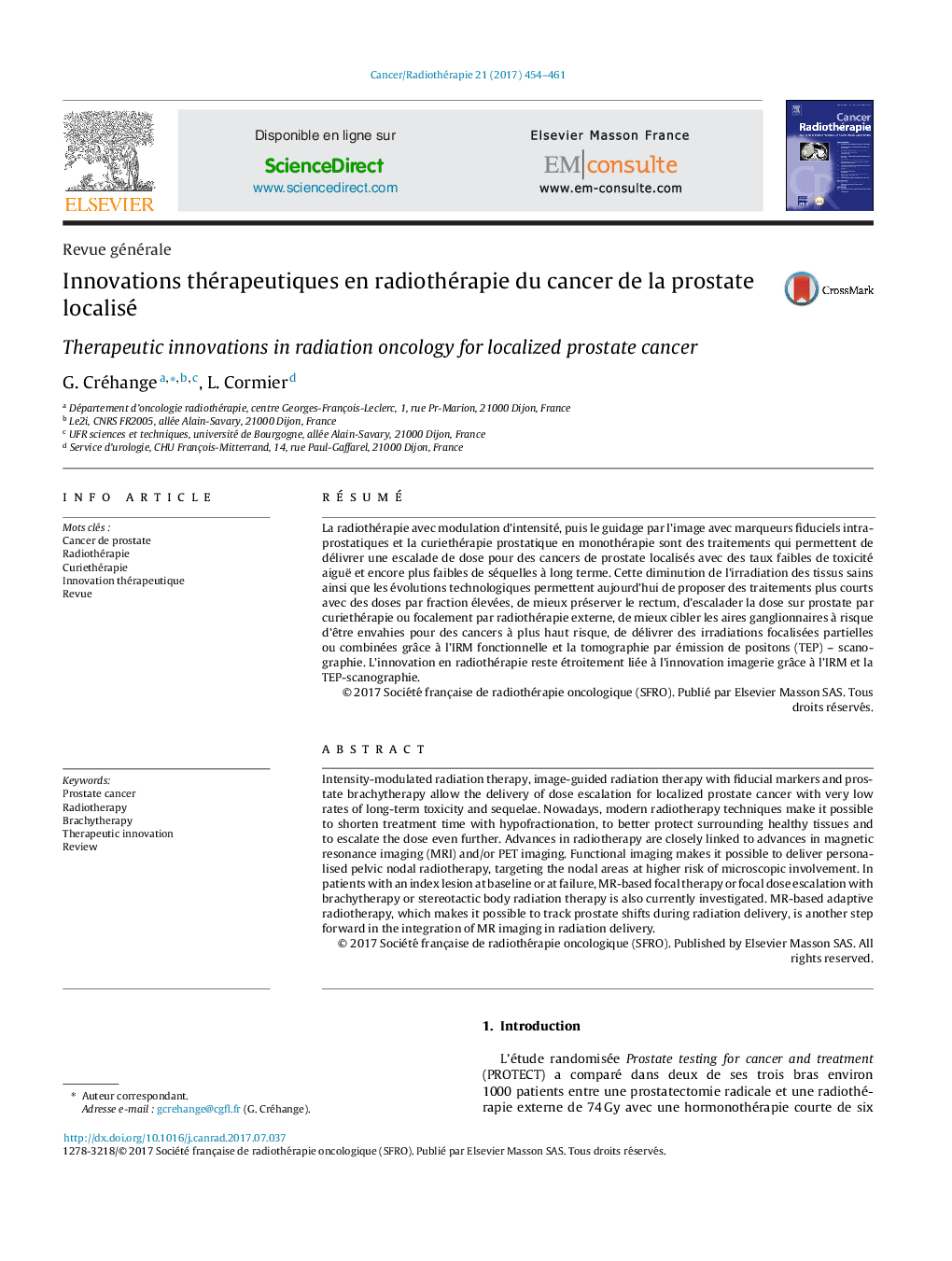 Revue généraleInnovations thérapeutiques en radiothérapie du cancer de la prostate localiséTherapeutic innovations in radiation oncology for localized prostate cancer