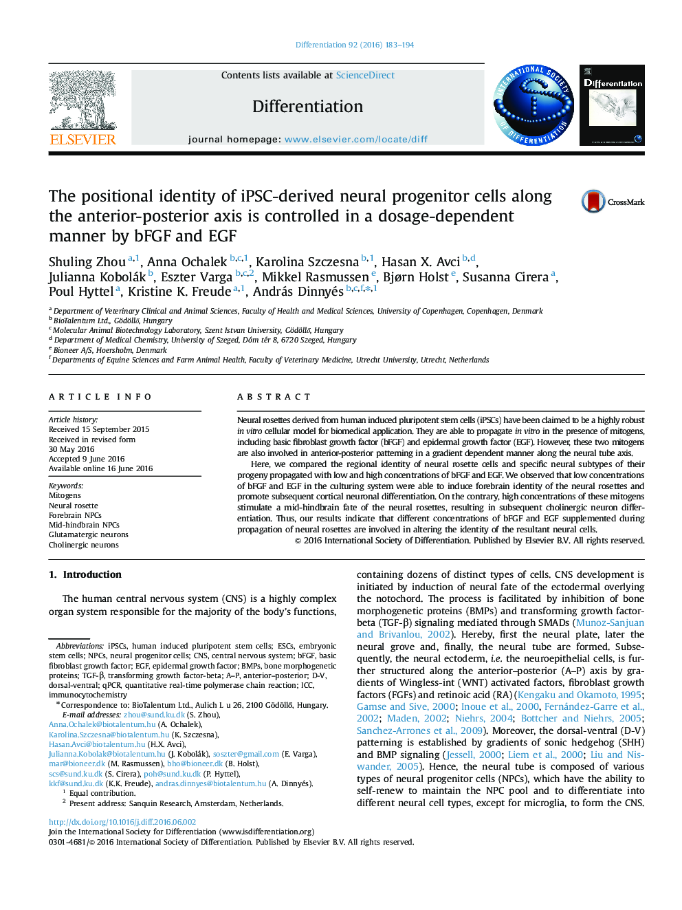 The positional identity of iPSC-derived neural progenitor cells along the anterior-posterior axis is controlled in a dosage-dependent manner by bFGF and EGF