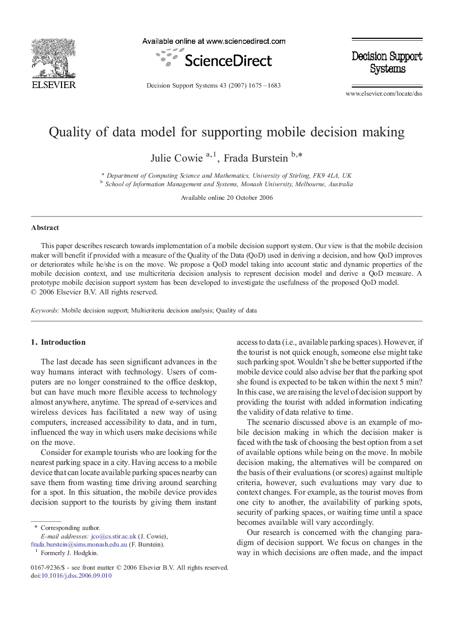 Quality of data model for supporting mobile decision making