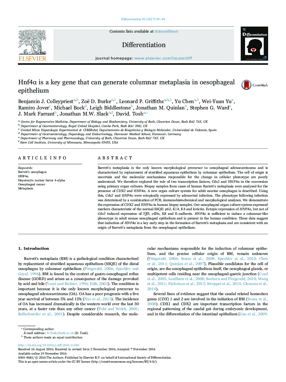 Hnf4Î± is a key gene that can generate columnar metaplasia in oesophageal epithelium