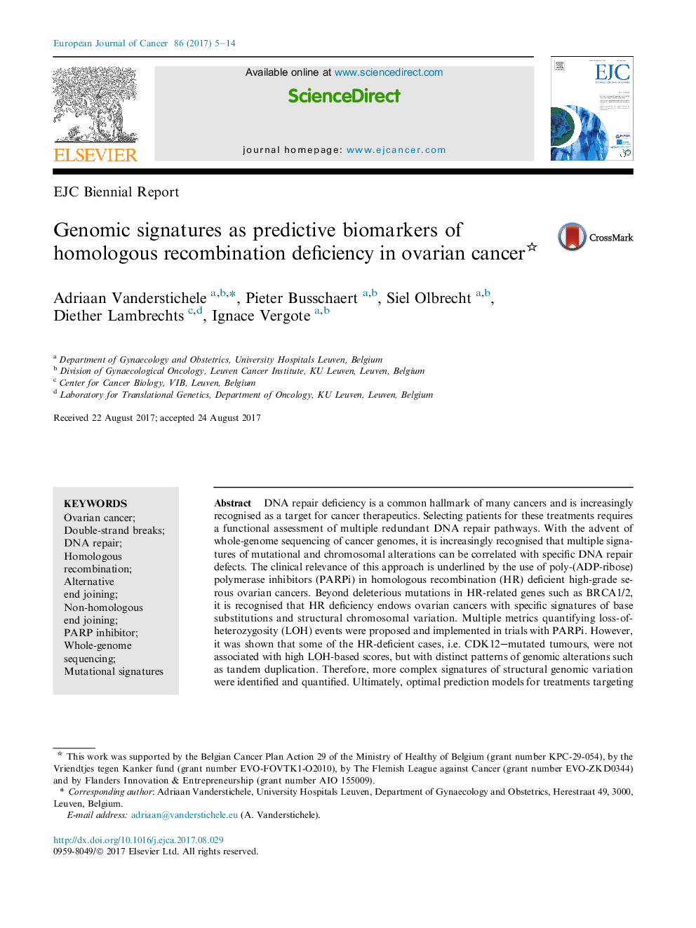 EJC Biennial ReportGenomic signatures as predictive biomarkers of homologous recombination deficiency in ovarian cancer