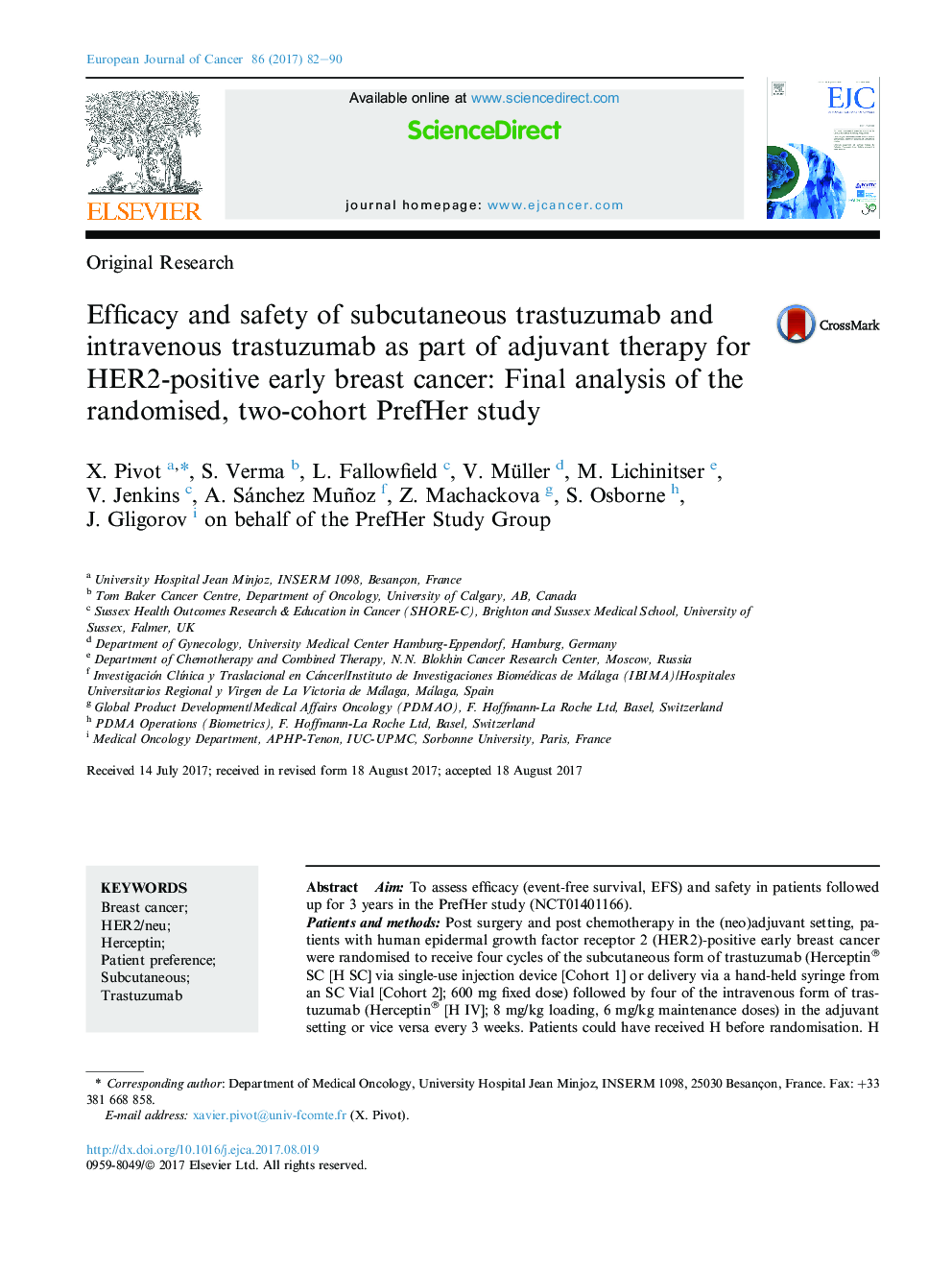 Original ResearchEfficacy and safety of subcutaneous trastuzumab and intravenous trastuzumab as part of adjuvant therapy for HER2-positive early breast cancer: Final analysis of the randomised, two-cohort PrefHer study