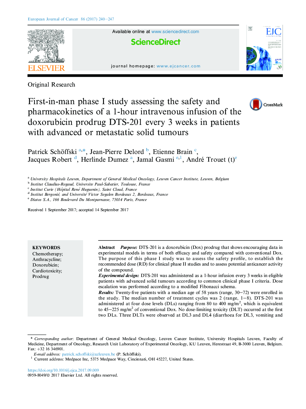 Original ResearchFirst-in-man phase I study assessing the safety and pharmacokinetics of a 1-hour intravenous infusion of the doxorubicin prodrug DTS-201 every 3 weeks in patients with advanced or metastatic solid tumours