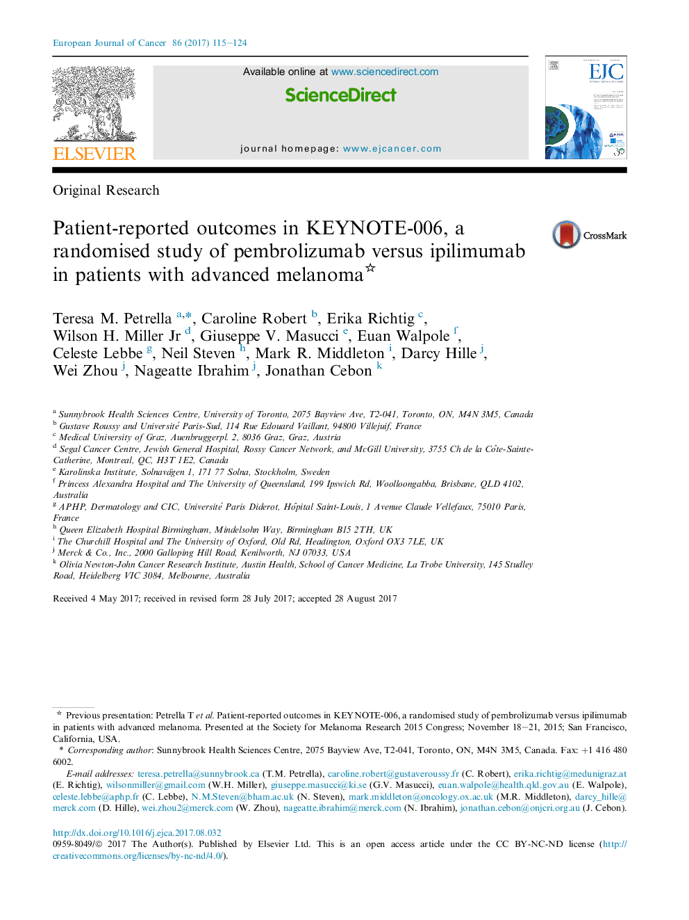 Patient-reported outcomes in KEYNOTE-006, a randomised study of pembrolizumab versus ipilimumab in patients with advanced melanoma