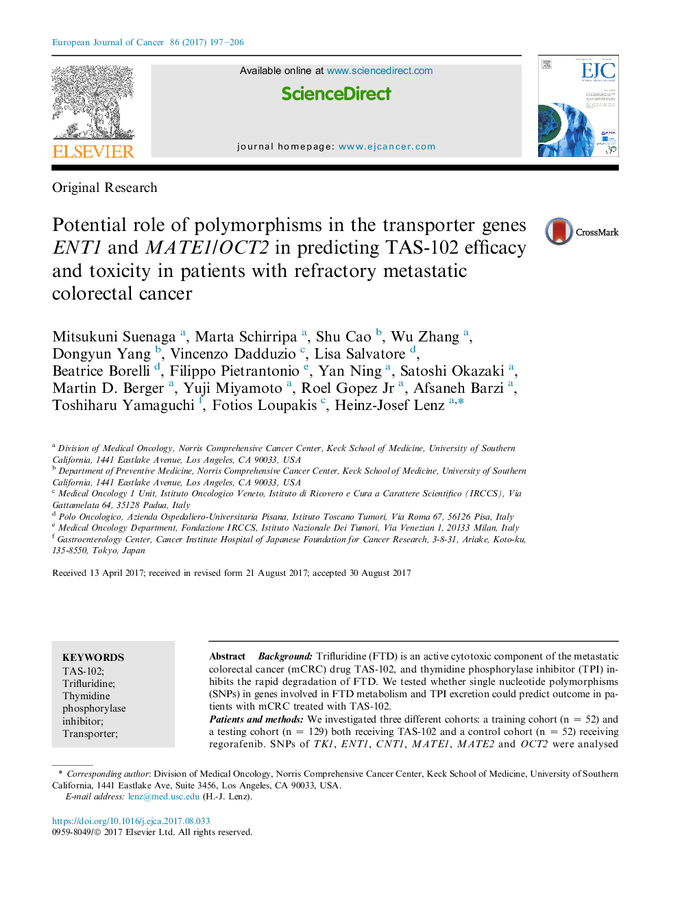 Original ResearchPotential role of polymorphisms in the transporter genes ENT1 and MATE1/OCT2 in predicting TAS-102 efficacy and toxicity in patients with refractory metastatic colorectal cancer