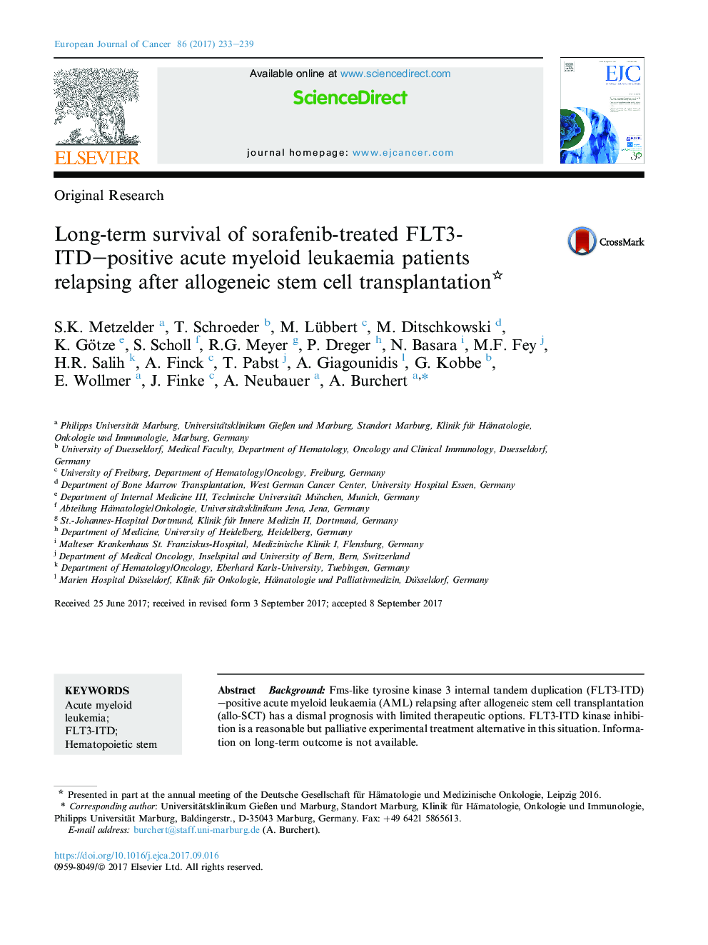 Original ResearchLong-term survival of sorafenib-treated FLT3-ITD-positive acute myeloid leukaemia patients relapsingÂ after allogeneic stem cell transplantation