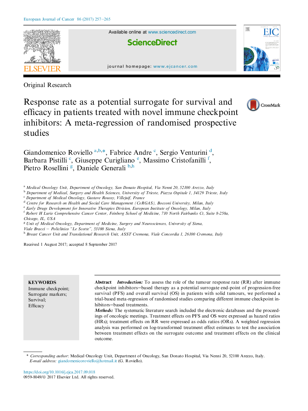 Original ResearchResponse rate as a potential surrogate for survival and efficacy in patients treated with novel immune checkpoint inhibitors: A meta-regression of randomised prospective studies