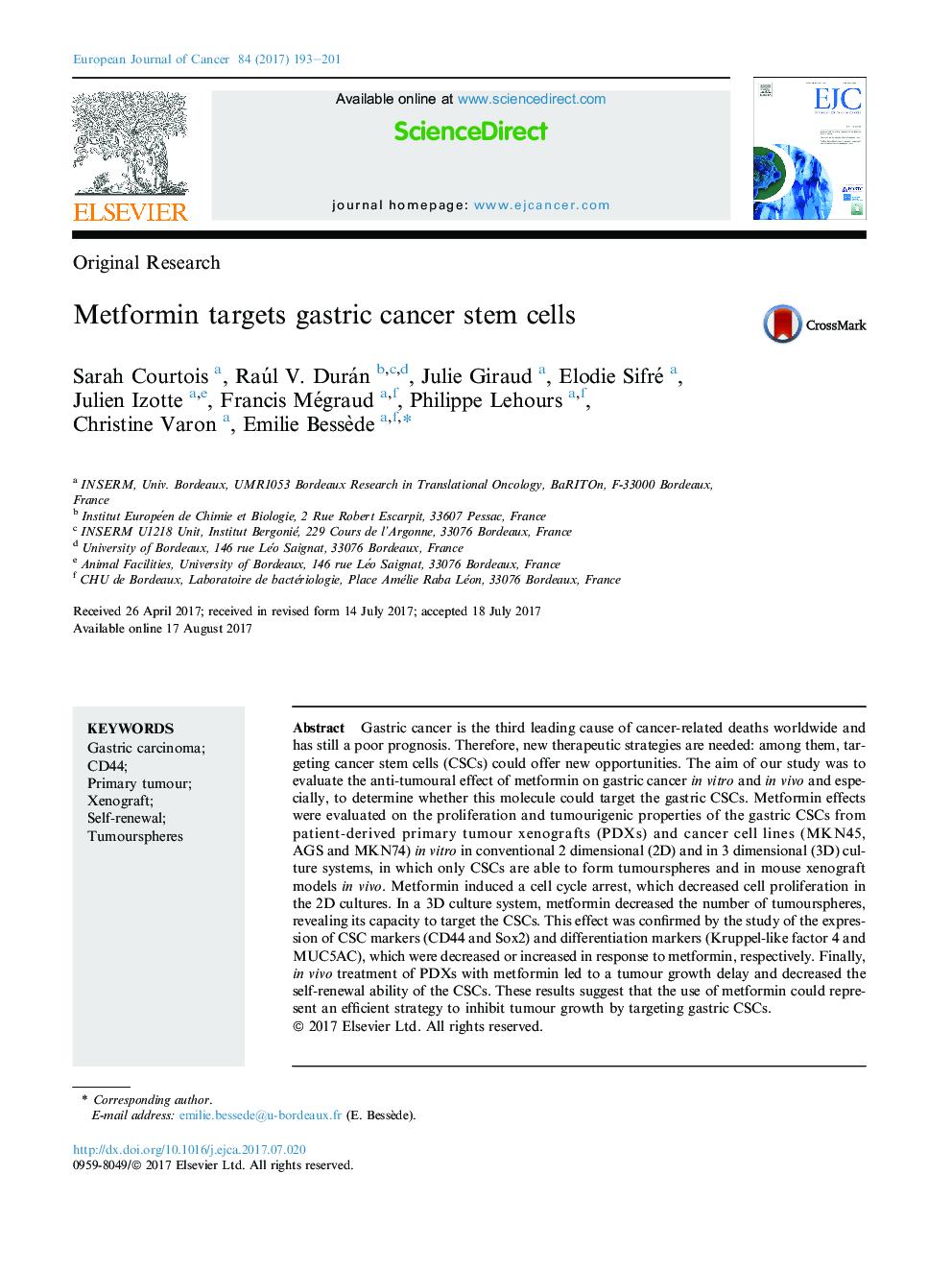 Original ResearchMetformin targets gastric cancer stem cells