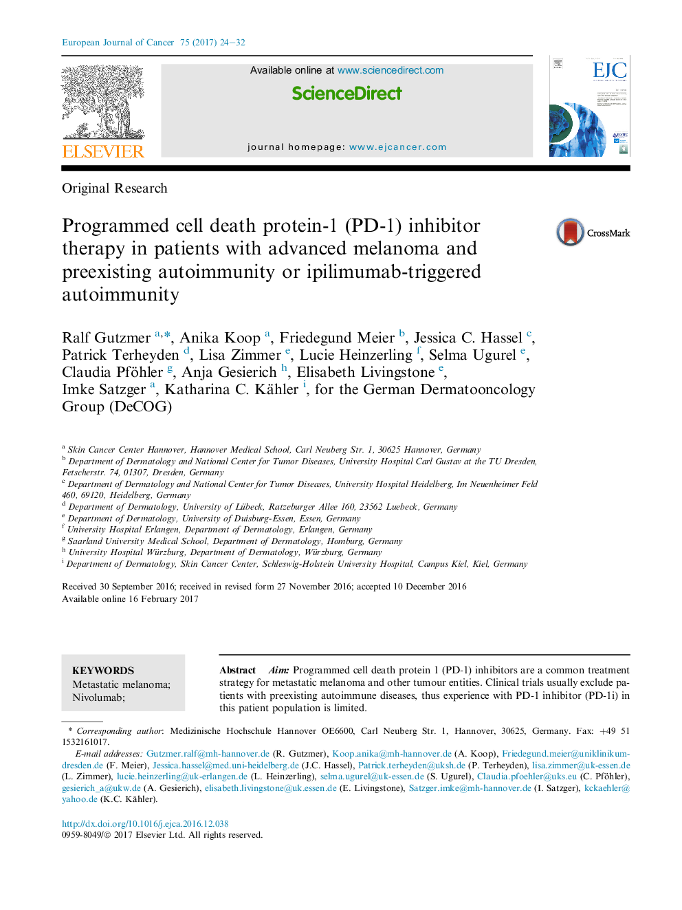 Original ResearchProgrammed cell death protein-1 (PD-1) inhibitor therapy in patients with advanced melanoma and preexisting autoimmunity or ipilimumab-triggered autoimmunity