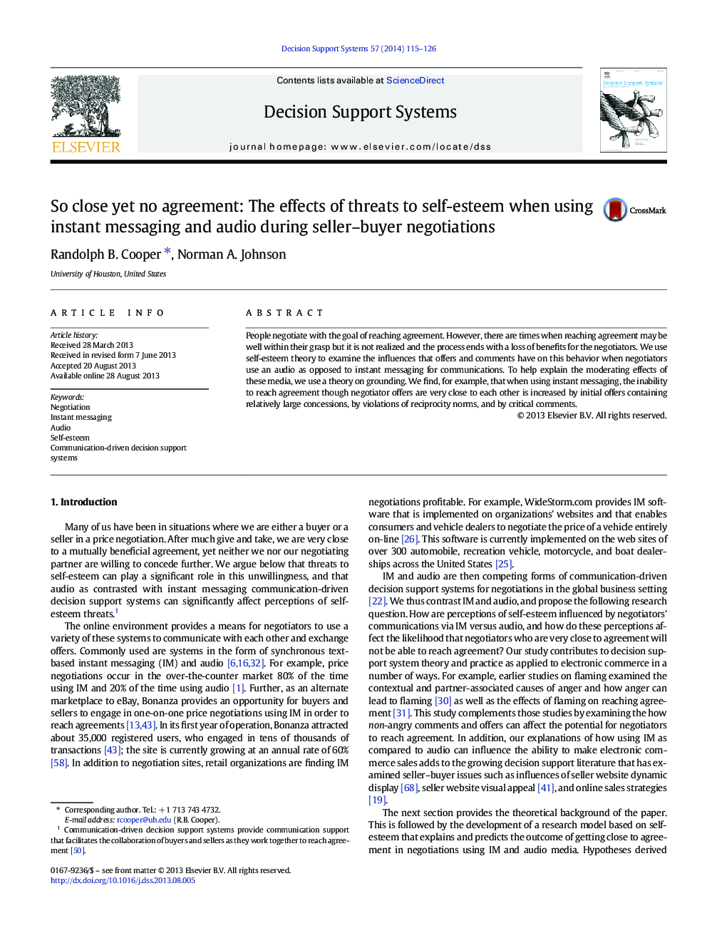 So close yet no agreement: The effects of threats to self-esteem when using instant messaging and audio during seller–buyer negotiations