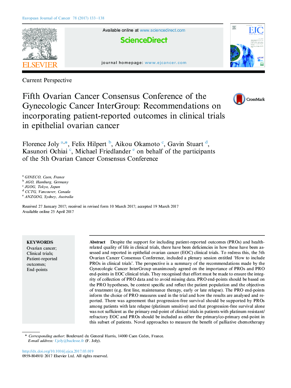 Current PerspectiveFifth Ovarian Cancer Consensus Conference of the Gynecologic Cancer InterGroup: Recommendations on incorporating patient-reported outcomes in clinical trials in epithelial ovarian cancer