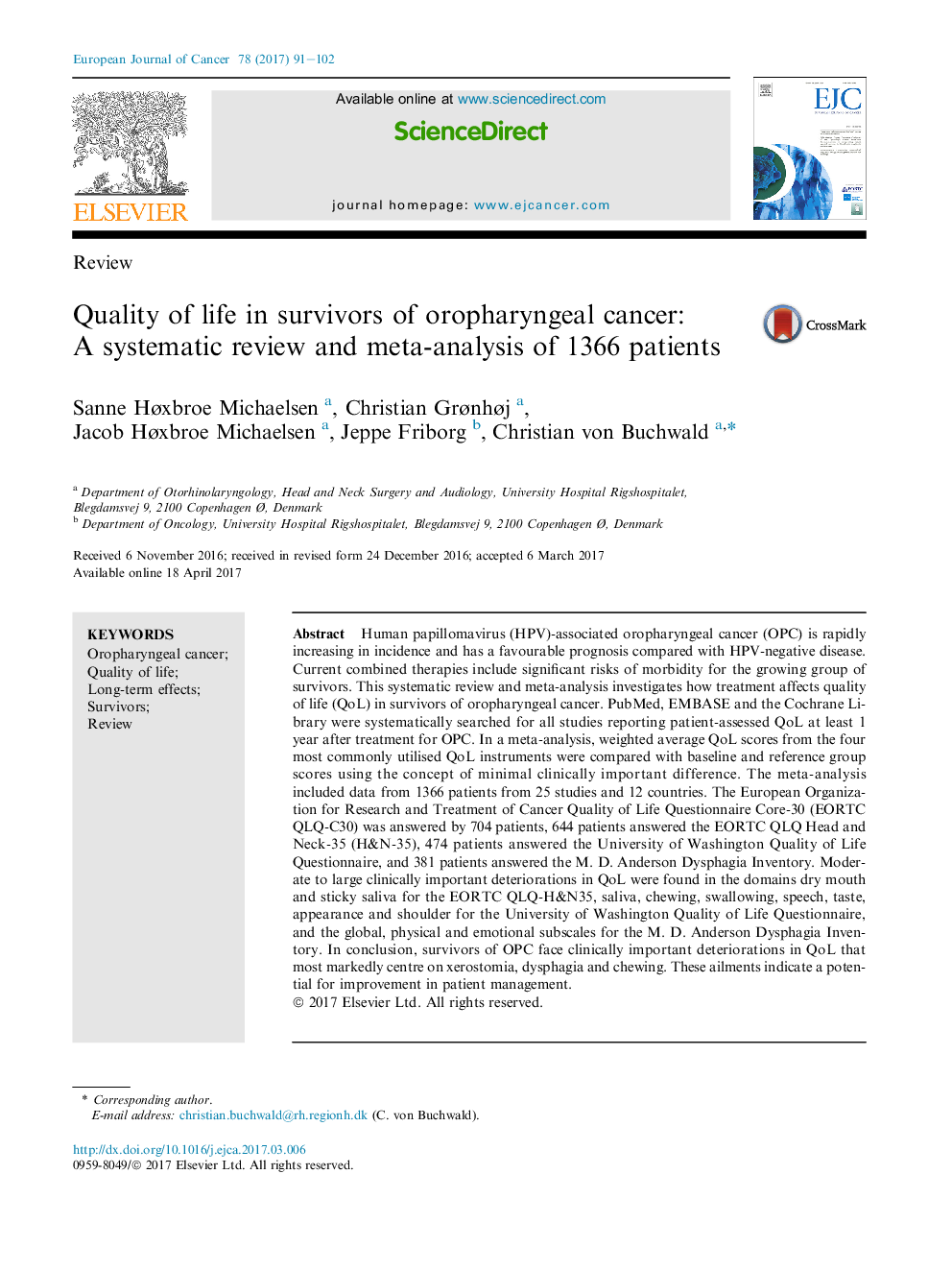 ReviewQuality of life in survivors of oropharyngeal cancer: AÂ systematic review and meta-analysis of 1366 patients