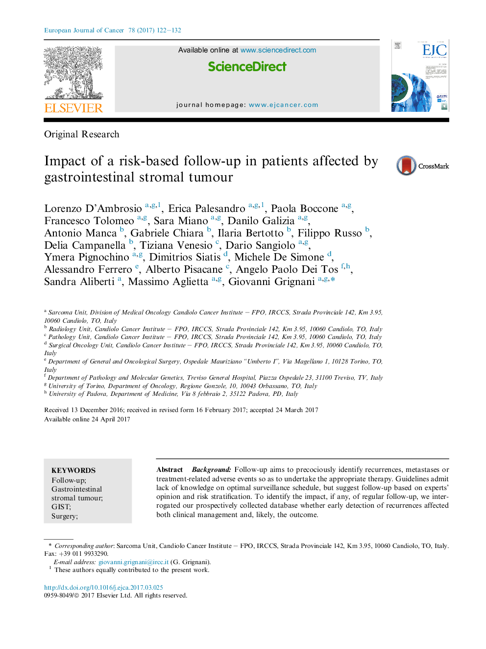 Original ResearchImpact of a risk-based follow-up in patients affected by gastrointestinal stromal tumour