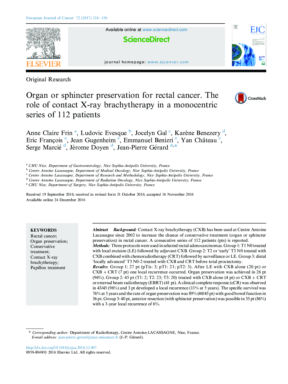 Original ResearchOrgan or sphincter preservation for rectal cancer. The role of contact X-ray brachytherapy in a monocentric series of 112 patients