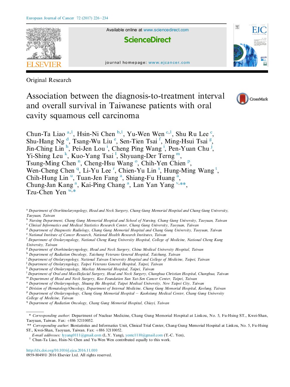 Original ResearchAssociation between the diagnosis-to-treatment interval and overall survival in Taiwanese patients with oral cavity squamous cell carcinoma