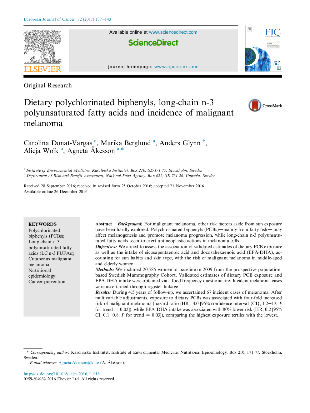 Original ResearchDietary polychlorinated biphenyls, long-chain n-3 polyunsaturated fatty acids and incidence of malignant melanoma