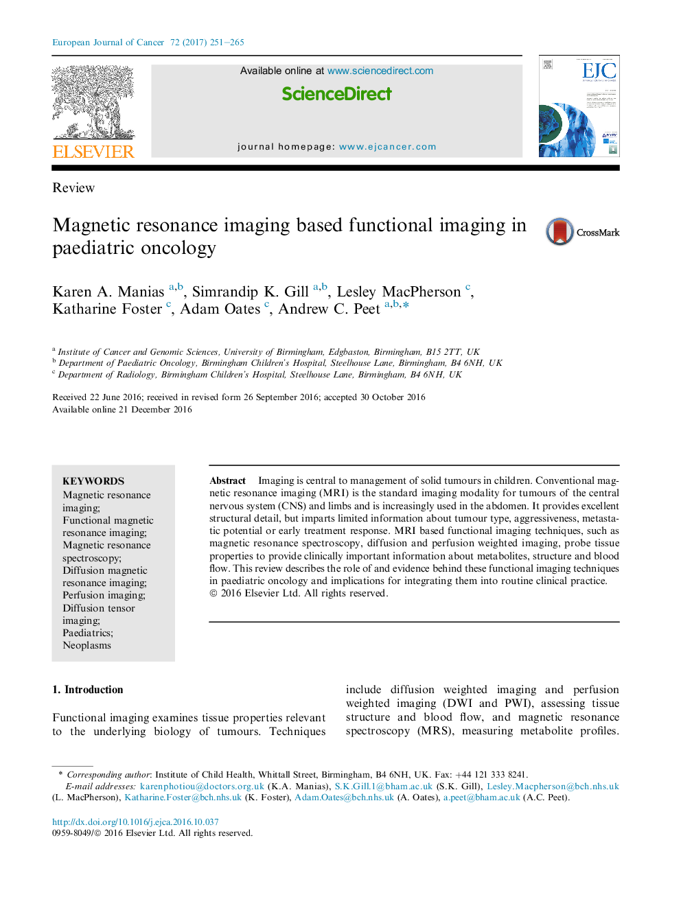 ReviewMagnetic resonance imaging based functional imaging in paediatric oncology