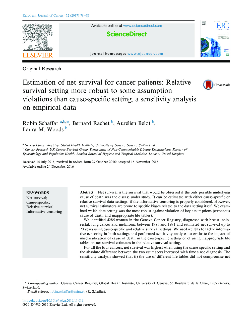 Original ResearchEstimation of net survival for cancer patients: Relative survival setting more robust to some assumption violations than cause-specific setting, a sensitivity analysis on empirical data