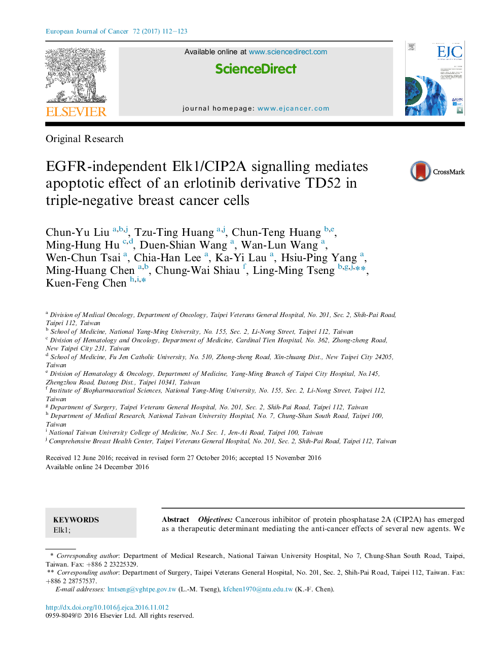 Original ResearchEGFR-independent Elk1/CIP2A signalling mediates apoptotic effect of an erlotinib derivative TD52 in triple-negative breast cancer cells