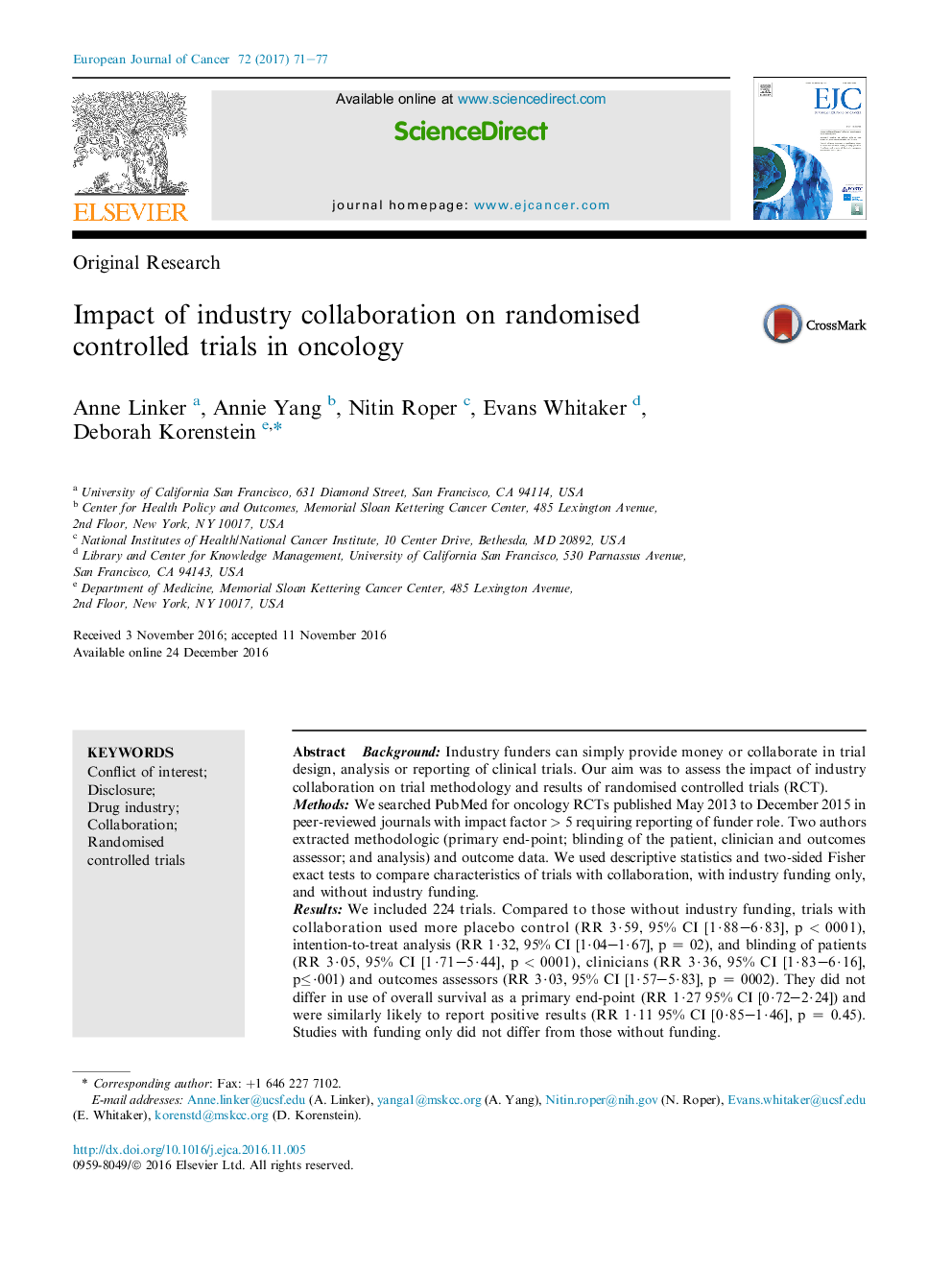 Original ResearchImpact of industry collaboration on randomised controlled trials in oncology