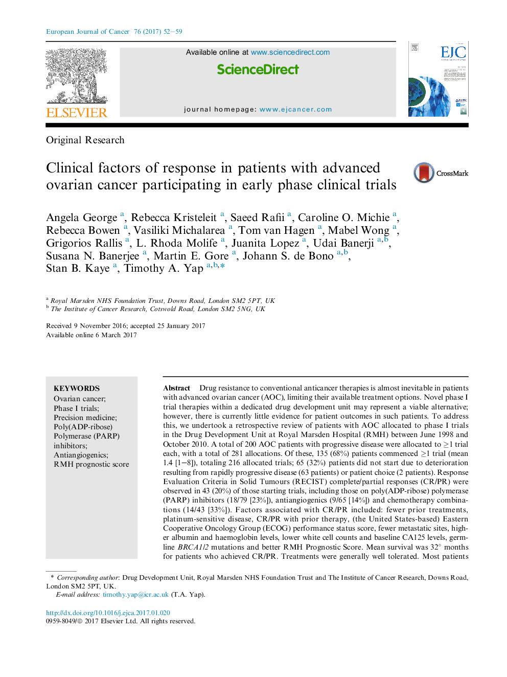 Original ResearchClinical factors of response in patients with advanced ovarian cancer participating in early phase clinical trials