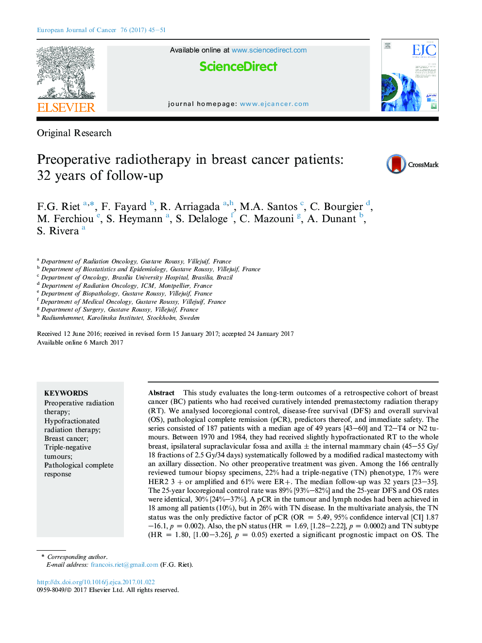 Original ResearchPreoperative radiotherapy in breast cancer patients: 32Â years of follow-up