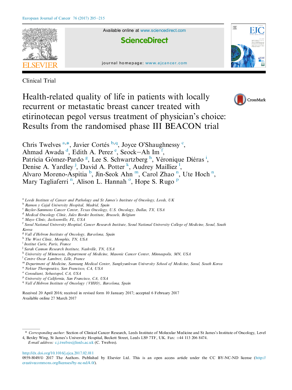 Health-related quality of life in patients with locally recurrent or metastatic breast cancer treated with etirinotecan pegol versus treatment of physician's choice: Results from the randomised phase III BEACON trial