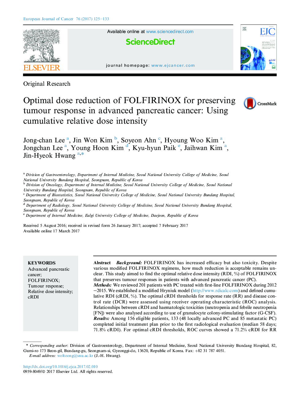 Original ResearchOptimal dose reduction of FOLFIRINOX for preserving tumour response in advanced pancreatic cancer: Using cumulative relative dose intensity