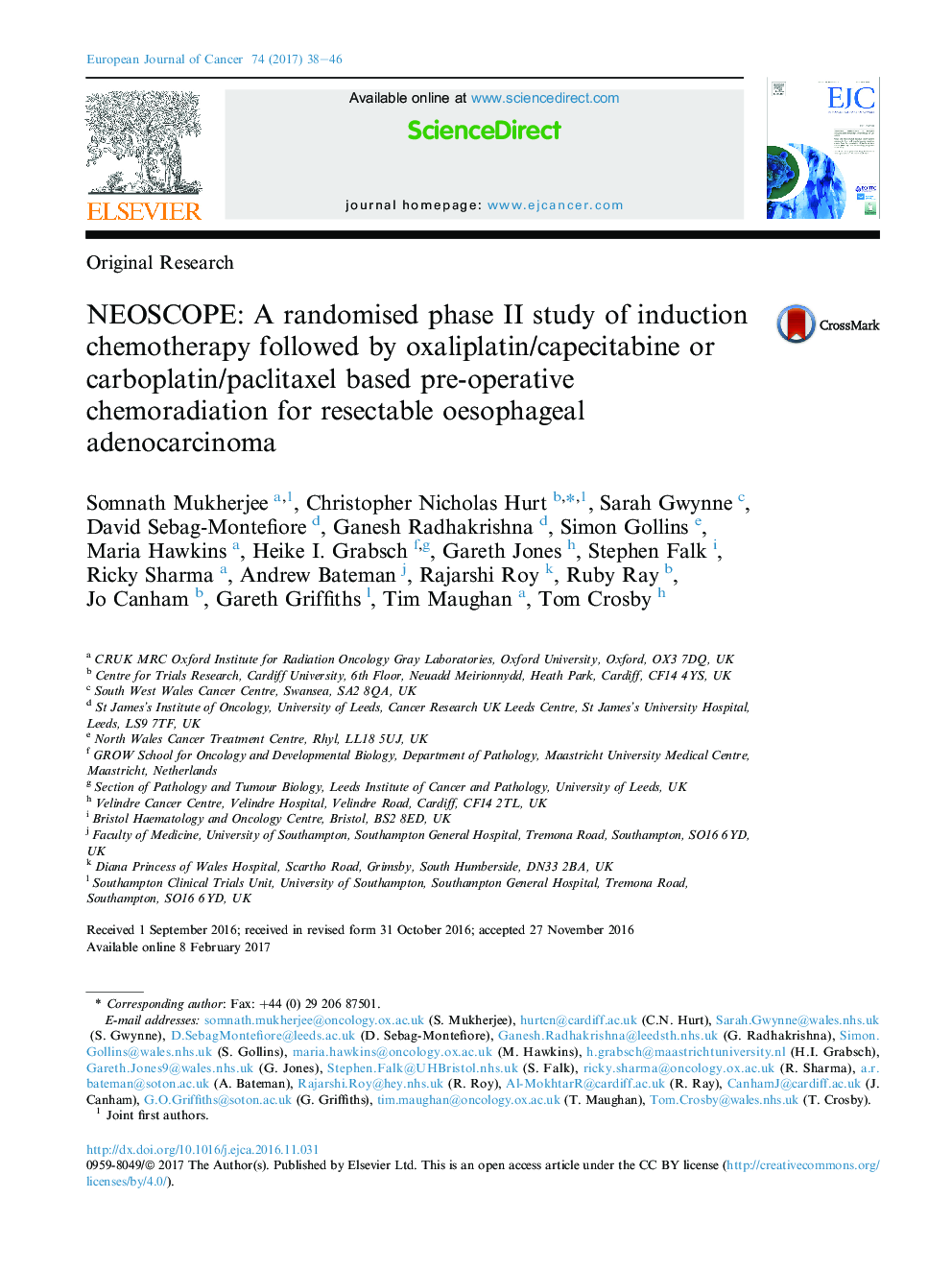 NEOSCOPE: A randomised phase II study of induction chemotherapy followed by oxaliplatin/capecitabine or carboplatin/paclitaxel based pre-operative chemoradiation for resectable oesophageal adenocarcinoma