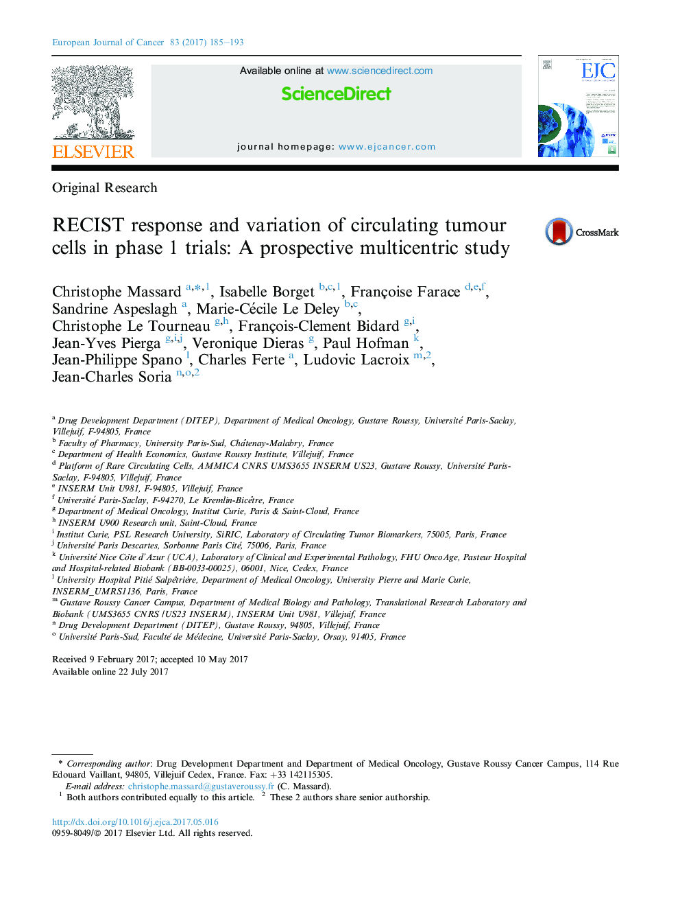 Original ResearchRECIST response and variation of circulating tumour cells in phase 1 trials: A prospective multicentric study