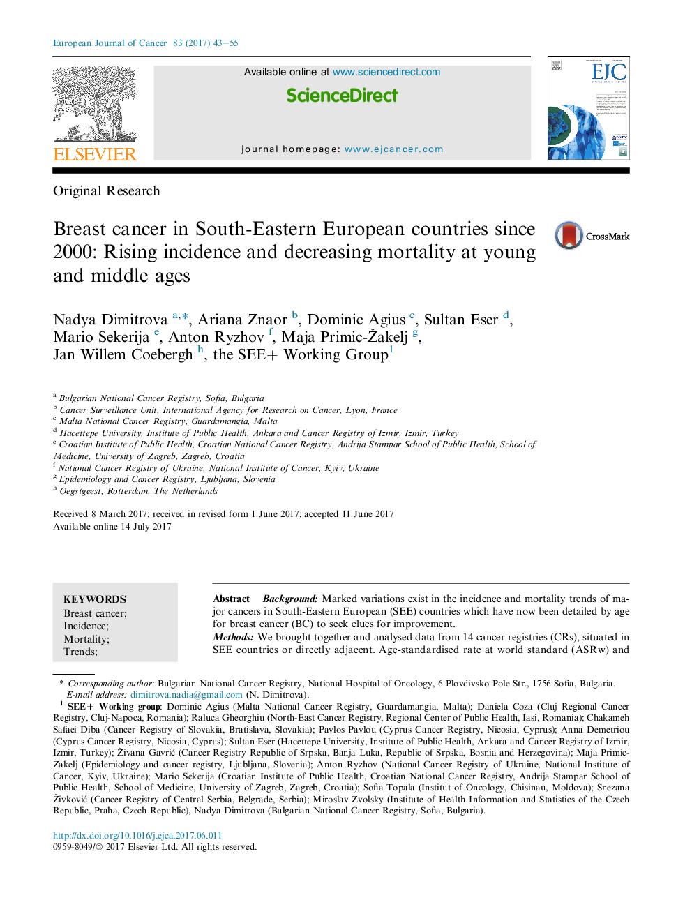 Original ResearchBreast cancer in South-Eastern European countries since 2000: Rising incidence and decreasing mortality at young and middle ages