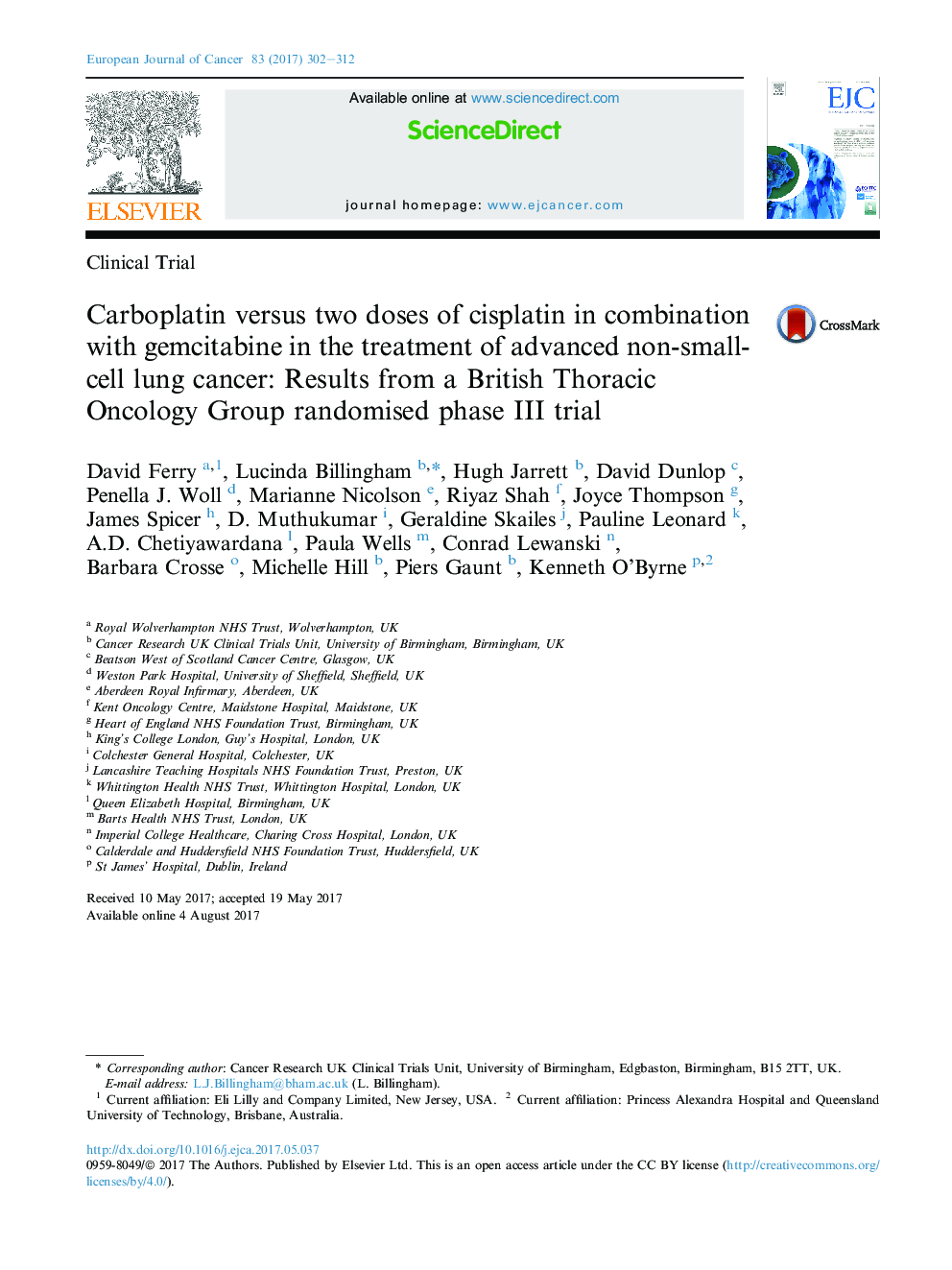 Carboplatin versus two doses of cisplatin in combination with gemcitabine in the treatment of advanced non-small-cell lung cancer: Results from a British Thoracic Oncology Group randomised phase III trial