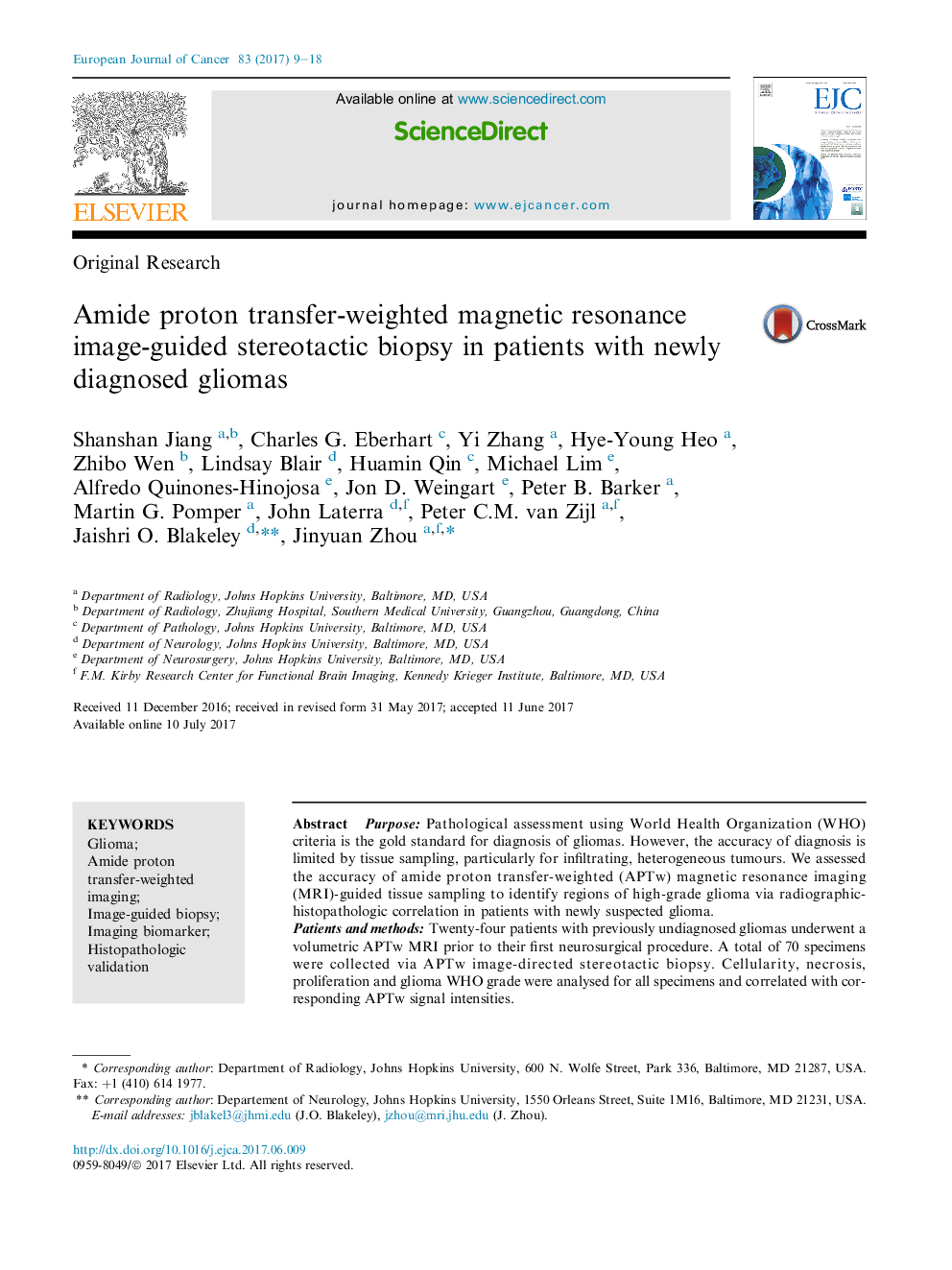 Original ResearchAmide proton transfer-weighted magnetic resonance image-guided stereotactic biopsy in patients with newly diagnosed gliomas