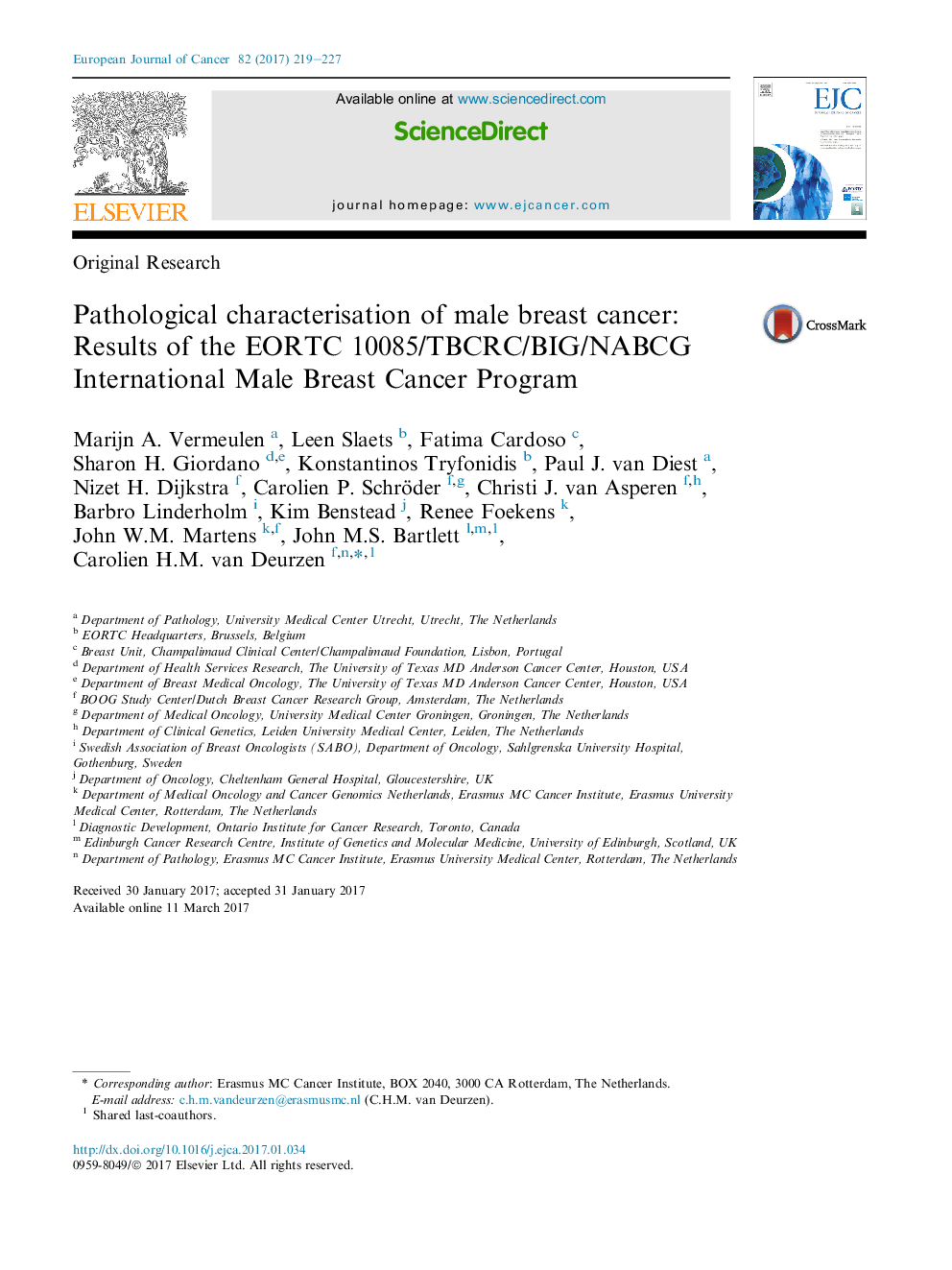 Original ResearchPathological characterisation of male breast cancer: Results of the EORTC 10085/TBCRC/BIG/NABCG International Male Breast Cancer Program