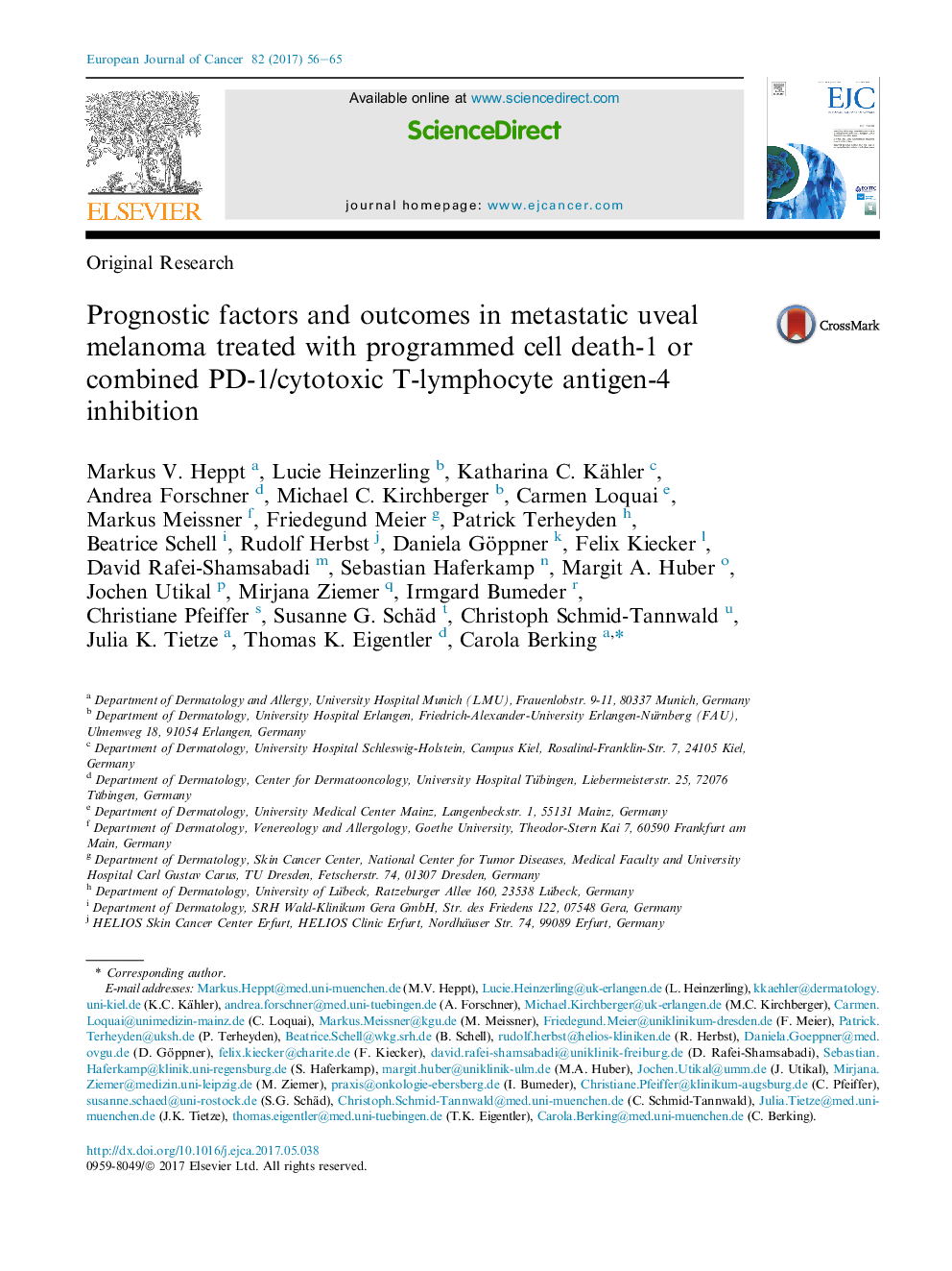 Original ResearchPrognostic factors and outcomes in metastatic uveal melanoma treated with programmed cell death-1 or combined PD-1/cytotoxic T-lymphocyte antigen-4 inhibition