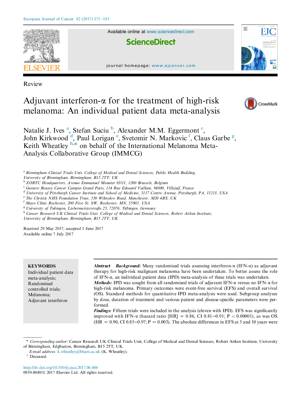 ReviewAdjuvant interferon-Î± for the treatment of high-risk melanoma: An individual patient data meta-analysis