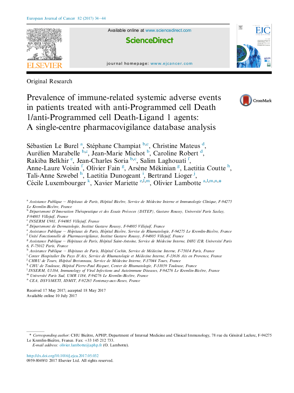 Original ResearchPrevalence of immune-related systemic adverse events inÂ patients treated with anti-Programmed cell Death 1/anti-Programmed cell Death-Ligand 1 agents: A single-centre pharmacovigilance database analysis