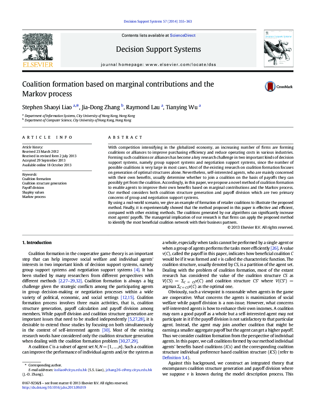 Coalition formation based on marginal contributions and the Markov process