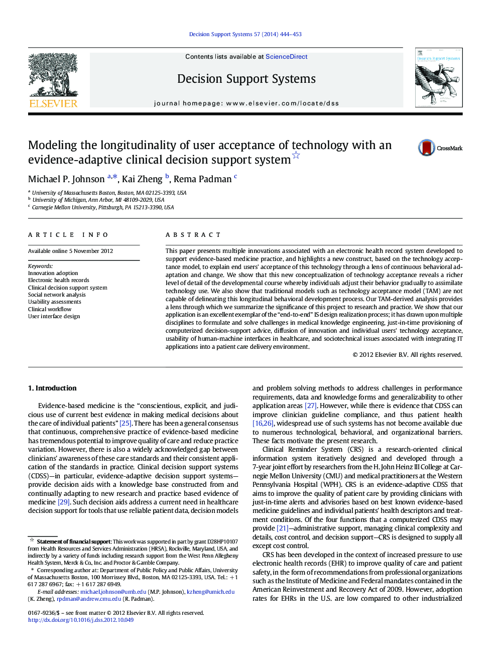 Modeling the longitudinality of user acceptance of technology with an evidence-adaptive clinical decision support system 