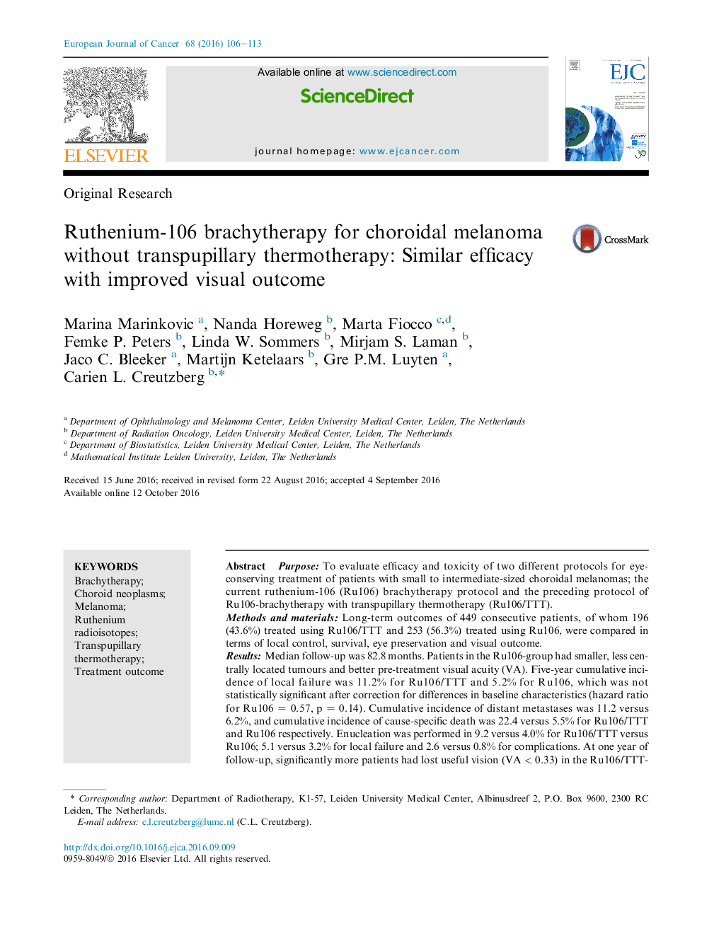 Original ResearchRuthenium-106 brachytherapy for choroidal melanoma without transpupillary thermotherapy: Similar efficacy with improved visual outcome