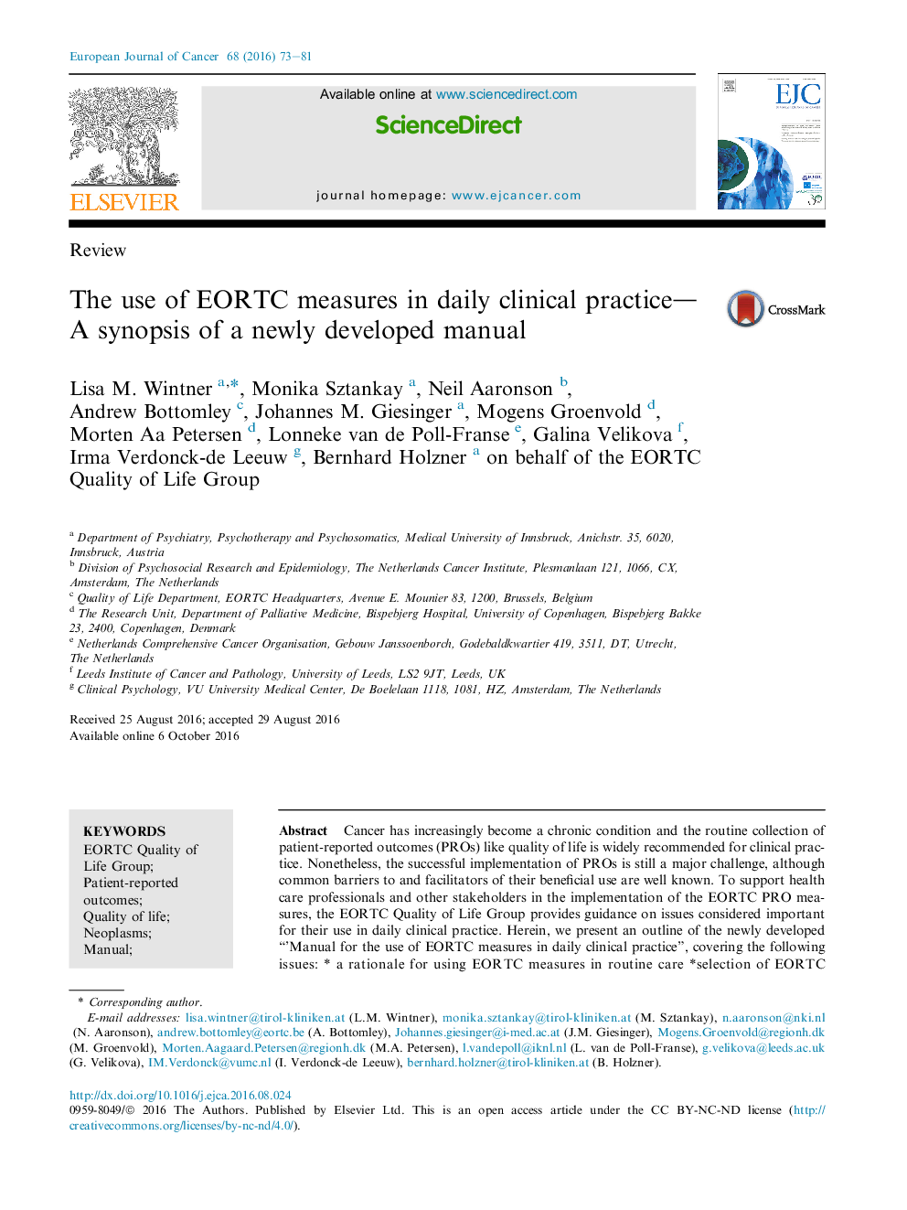 The use of EORTC measures in daily clinical practice-A synopsis of a newly developed manual