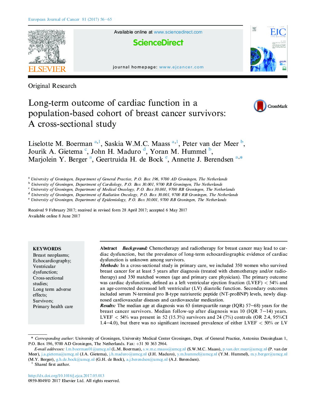 Original ResearchLong-term outcome of cardiac function in a population-based cohort of breast cancer survivors: AÂ cross-sectional study